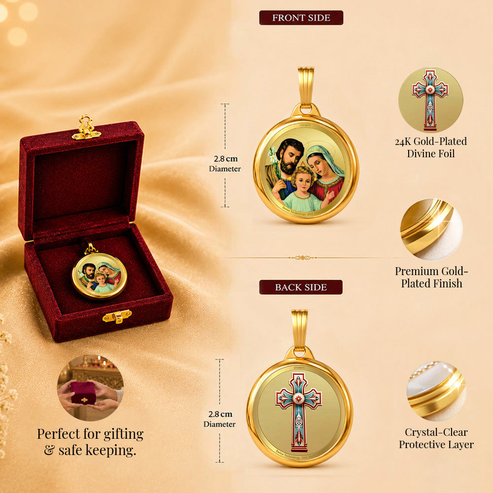 Diviniti 24K Double sided Gold Plated Pendant Holy Family & Holy Cross | 28MM Flip Coin