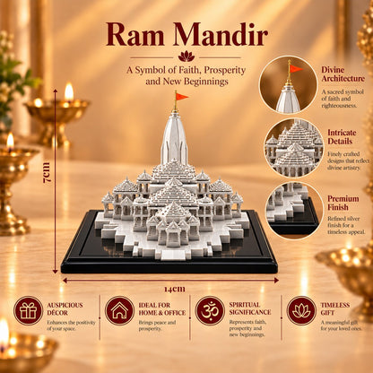 999 Silver-Plated Ram Mandir Showpiece | Premium Gift Box | 7x14 CM