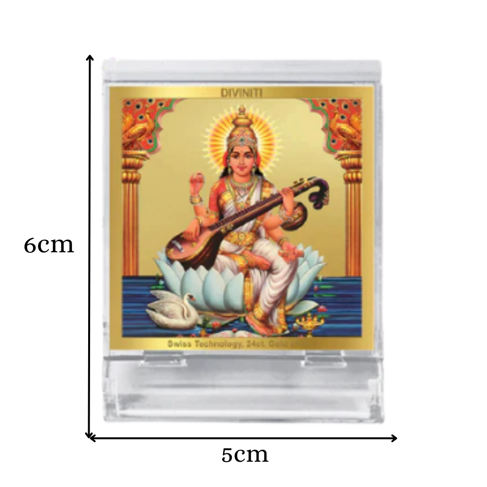 Goddess Saraswati Mata | Spiritual Car Dashboard & Tabletop Frame in 24K Gold Plated Foil