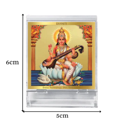 Goddess Saraswati Mata | Spiritual Car Dashboard & Tabletop Frame in 24K Gold Plated Foil