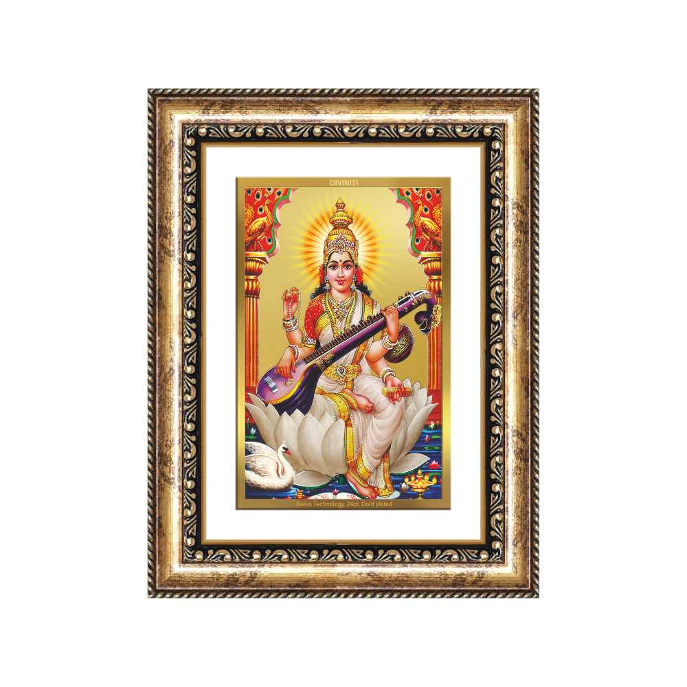 Diviniti 24K Gold Plated Saraswati Mata (Classic) Divine Wall Frame for Home Mandir & Office Decor | Luxury Spiritual Gift