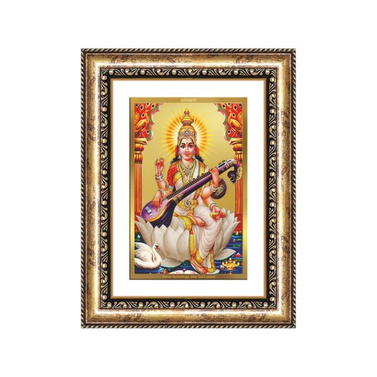 Diviniti 24K Gold Plated Saraswati Mata (Classic) Divine Wall Frame for Home Mandir & Office Decor | Luxury Spiritual Gift