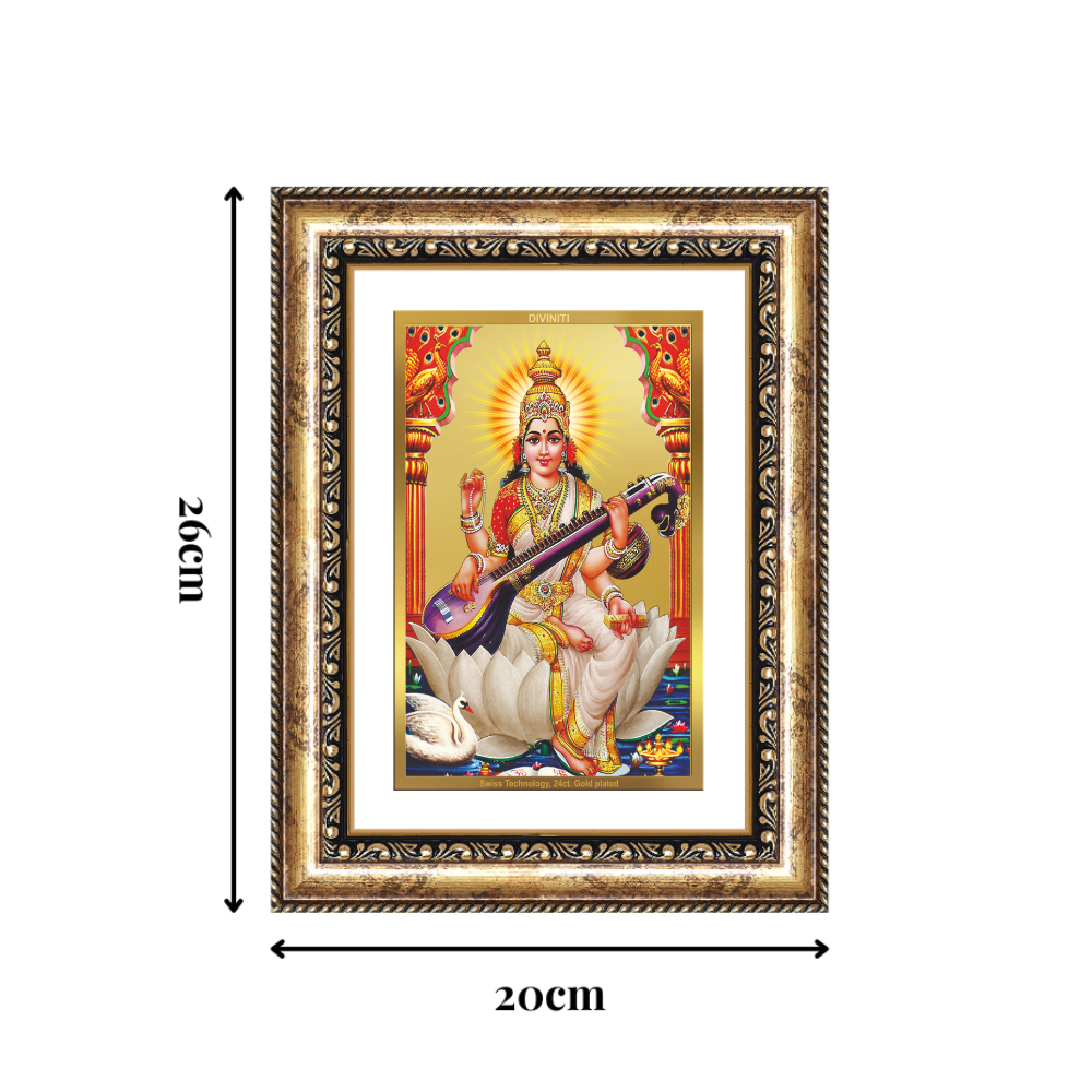 Diviniti 24K Gold Plated Saraswati Mata (Classic) Divine Wall Frame for Home Mandir & Office Decor | Luxury Spiritual Gift