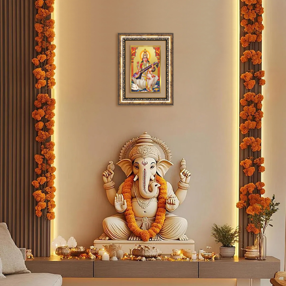 Diviniti 24K Gold Plated Saraswati Mata (Classic) Divine Wall Frame for Home Mandir & Office Decor | Luxury Spiritual Gift