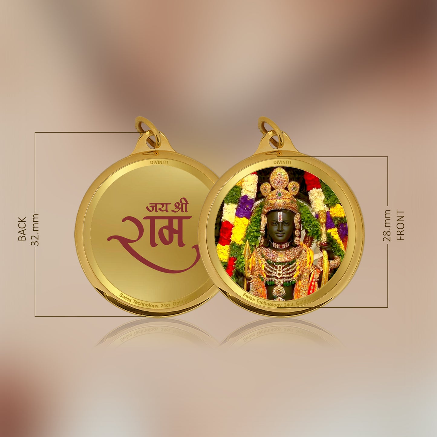 Diviniti 24K Gold Plated Ram Lalla & Jai Shri Ram 28MM Double Sided Pendant For Men, Women & Kids