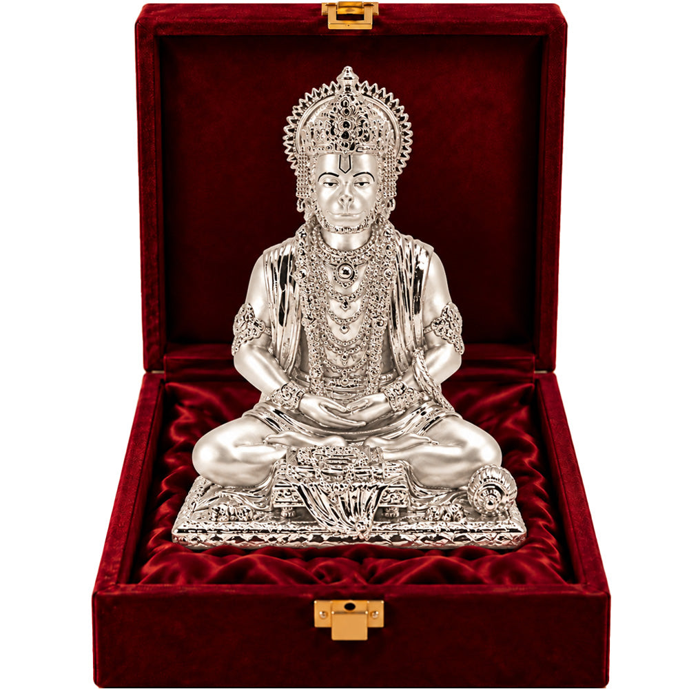 999 Silver-Plated Meditating Lord Hanuman Idol | Premium Gift Box | 20x16 CM