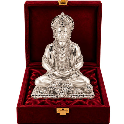 999 Silver-Plated Meditating Lord Hanuman Idol | Premium Gift Box | 20x16 CM