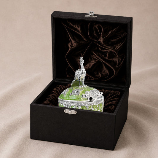 Diviniti German Silver Peacock Sugar Bowl with Spoon in luxury gift box with green finish.