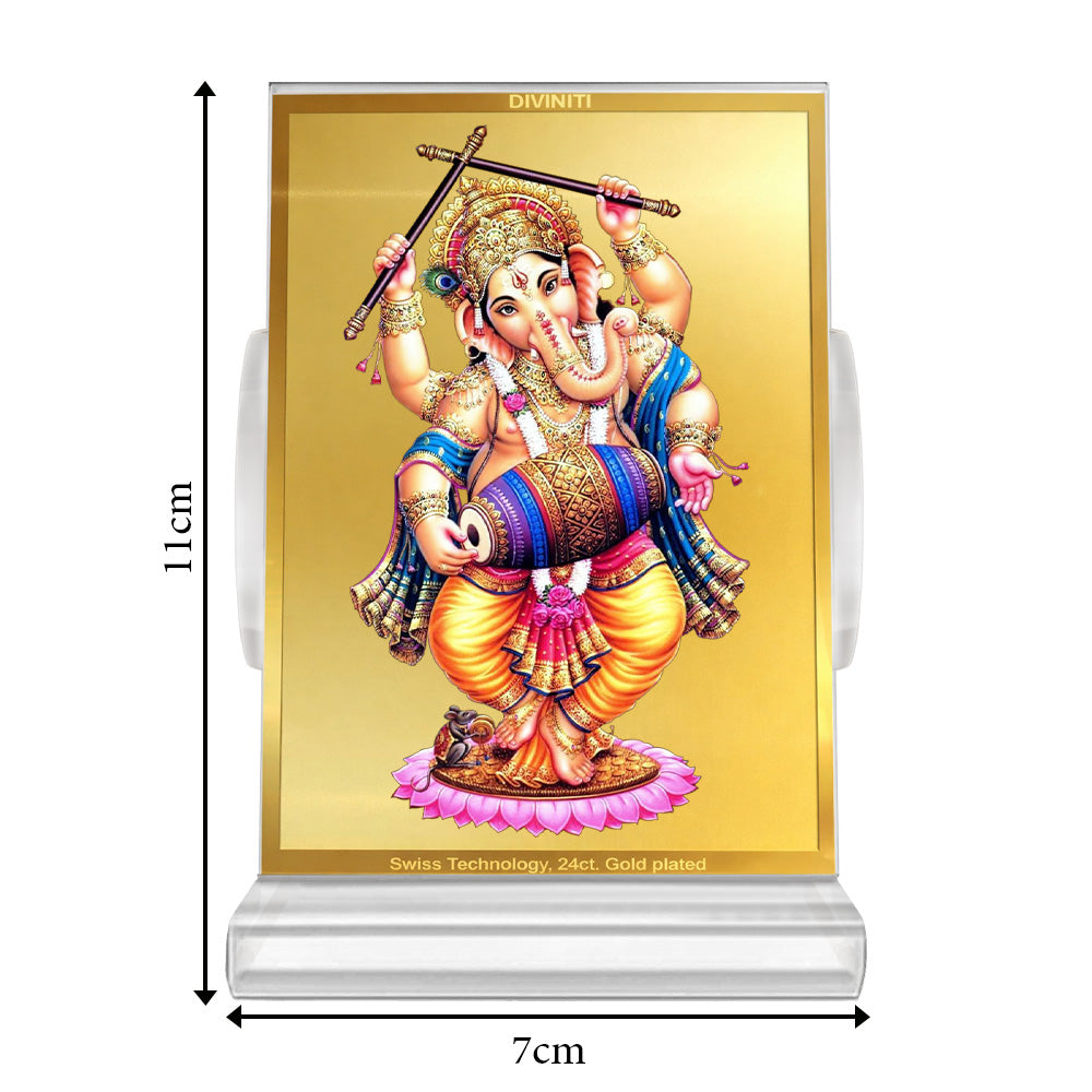 Dancing Ganesha | Divine Lord Ganesha Car Dashboard & Tabletop Photo Frame in 24K Gold Plated Foil