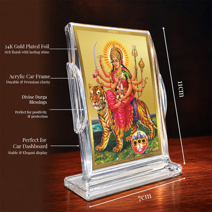 24K Gold-Plated Sherawali Mata with Pindi Acrylic Car Dashboard Frame | 11x7 CM