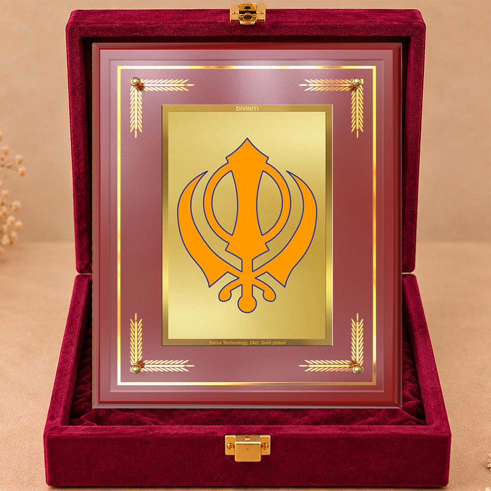 24K Gold-Plated Khanda Sahib MDF Frame | Premium Gift Box | 27x35 CM
