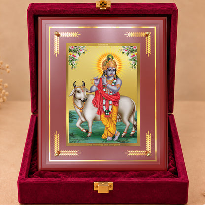 24K Gold-Plated Lord Krishna with Surbhi Cow MDF Frame | Premium Gift Box | 27x35 CM