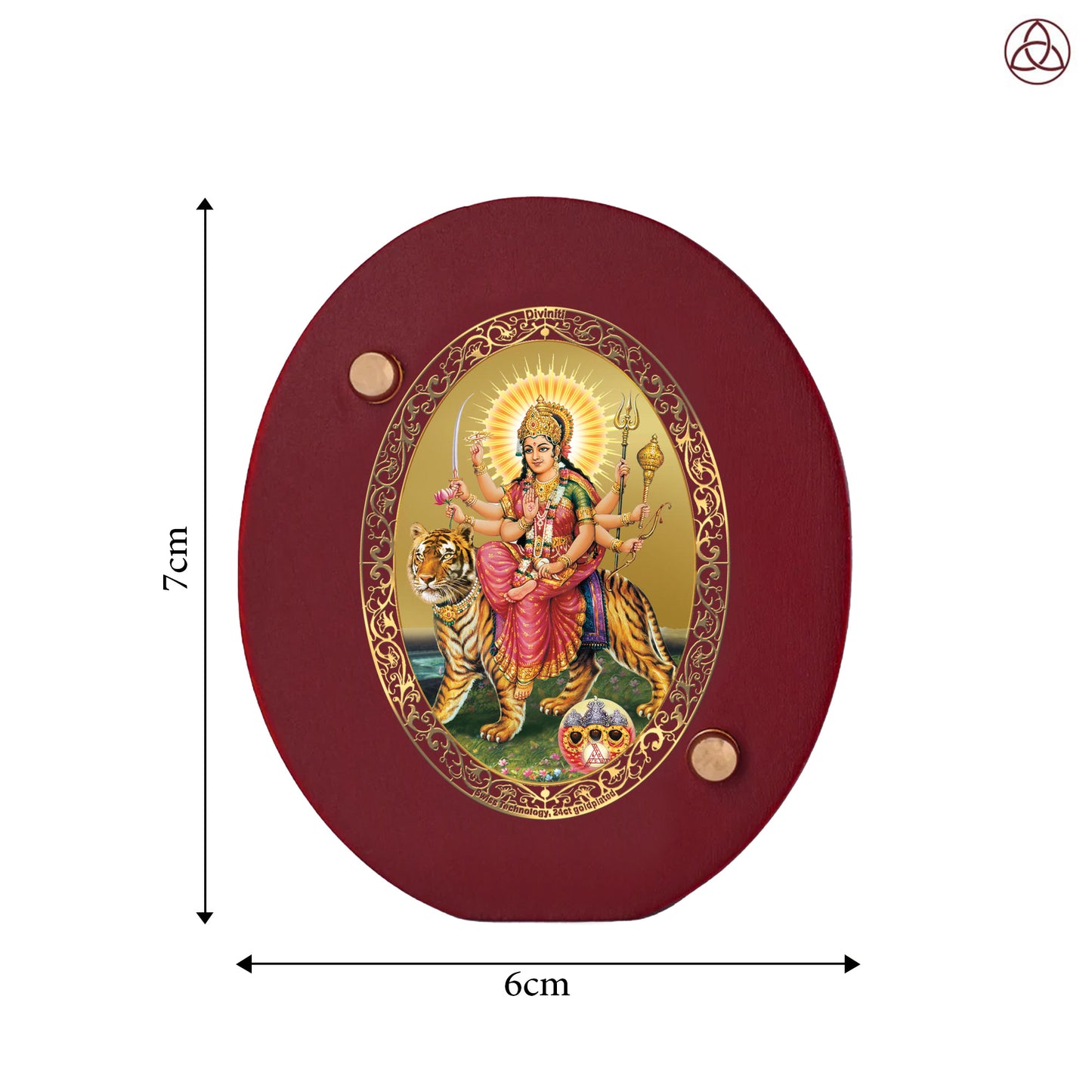 Durga Sherawali Mata with Pind Car Dashboard & Tabletop Photo Frame, 24K gold-plated, 7x6 cm, intricate design.