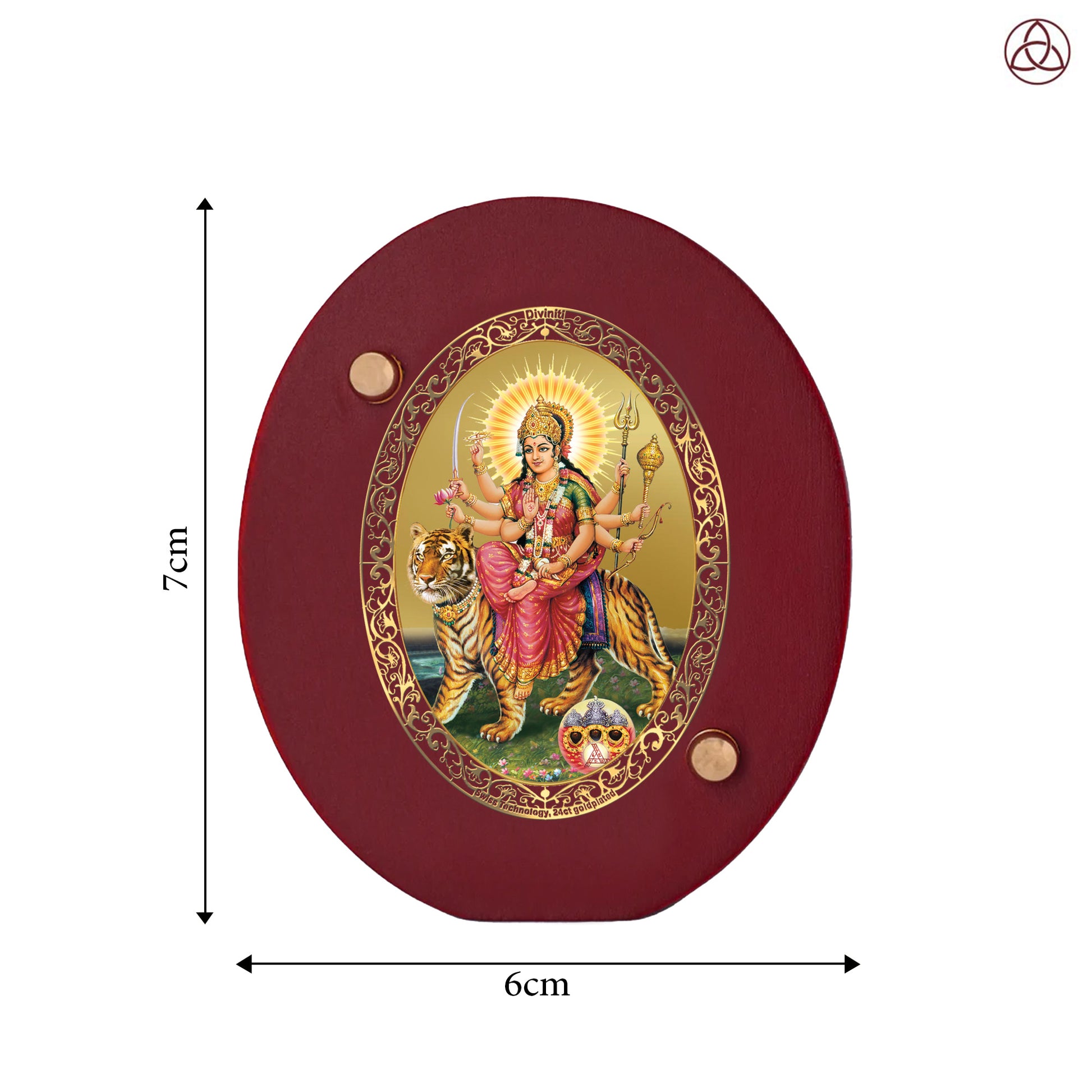 Durga Sherawali Mata with Pind Car Dashboard & Tabletop Photo Frame, 24K gold-plated, 7x6 cm, intricate design.