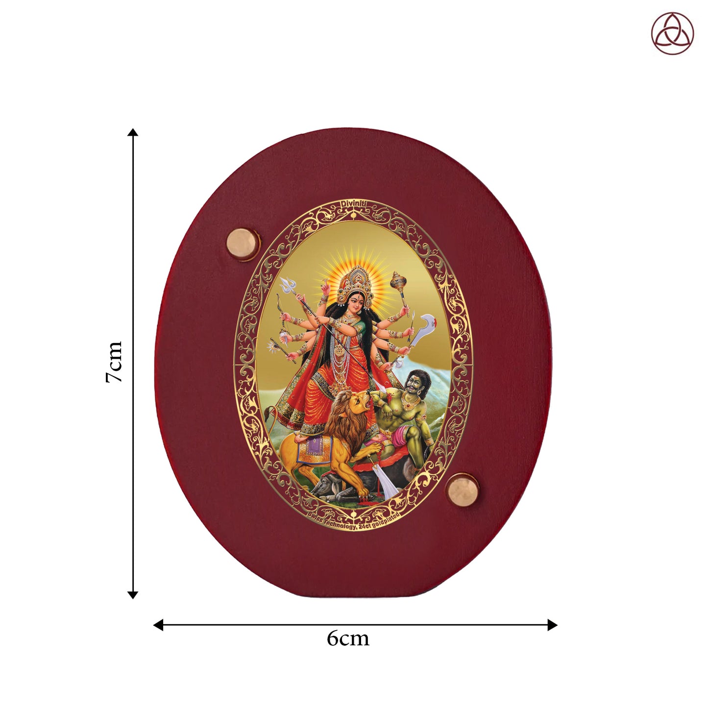Durga Mahishasura Car Dashboard & Tabletop Photo Frame, 24K gold-plated, 7x6 cm, intricate design.