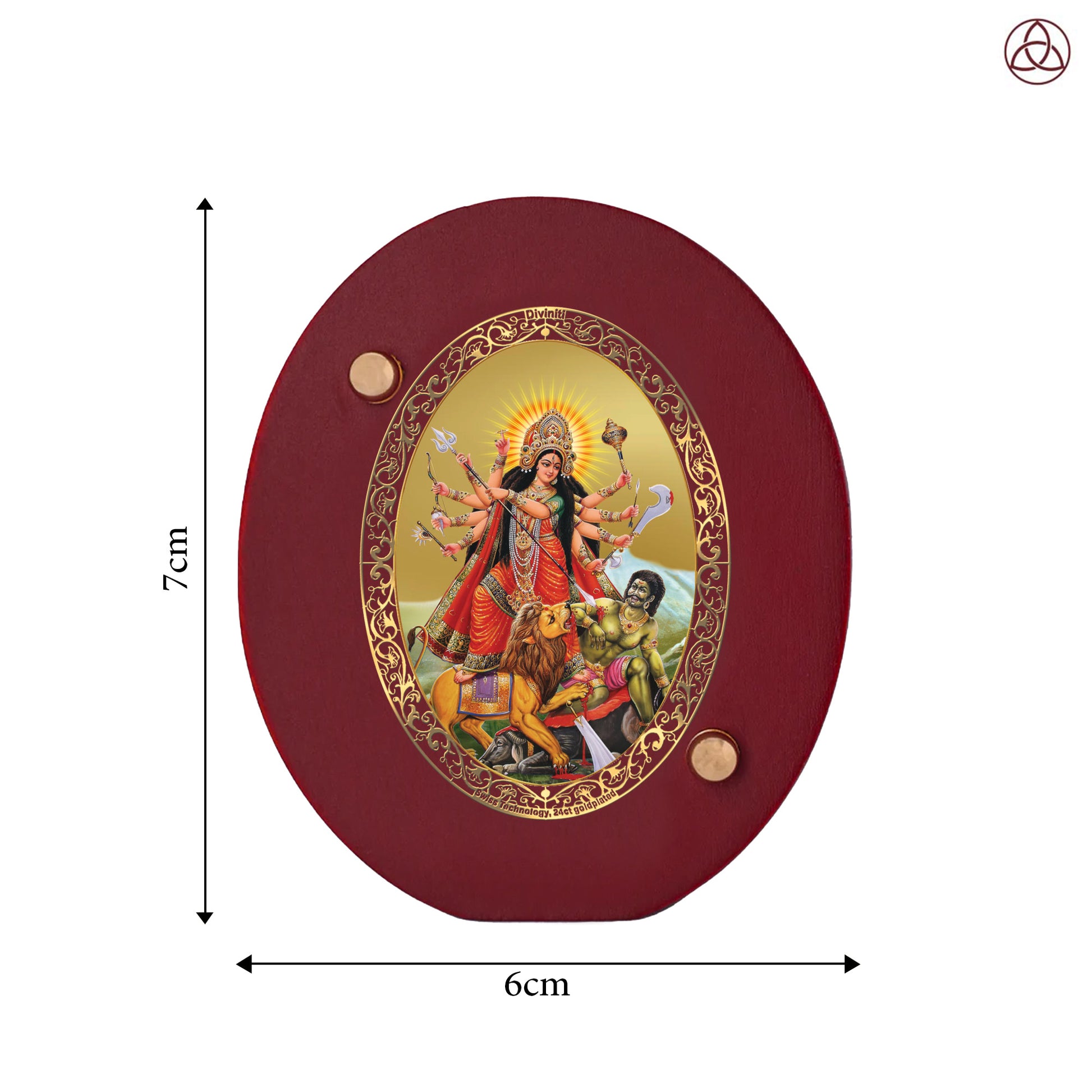Durga Mahishasura Car Dashboard & Tabletop Photo Frame, 24K gold-plated, 7x6 cm, intricate design.