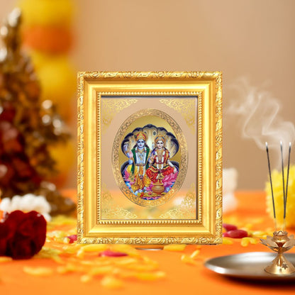 Lord Vishnu & Goddess Lakshmi Divine Stability & Prosperity Sacred Royal Tabletop Frame in 24K Gold Plated Foil