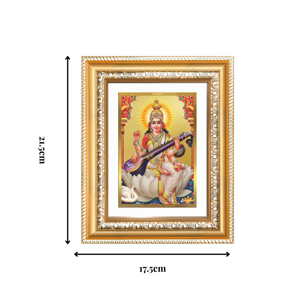 Diviniti 24K Gold Plated Saraswati Mata (Classic) Divine Wall and Table Top Frame for Home Mandir & Office Decor | Luxury Spiritual Gift