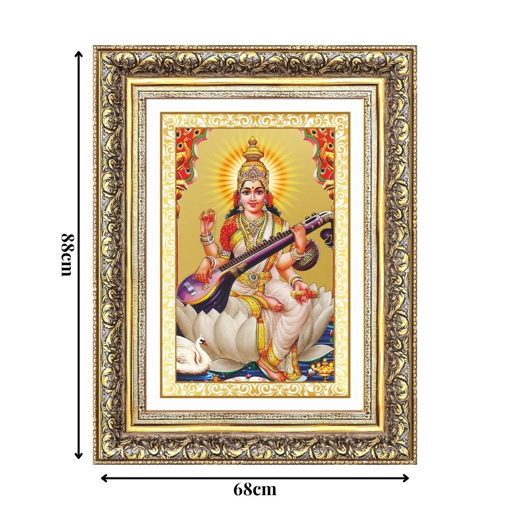 Diviniti 24K Gold Plated Saraswati Mata (Classic) Divine Wall Frame for Home Mandir & Office Decor | Luxury Spiritual Gift