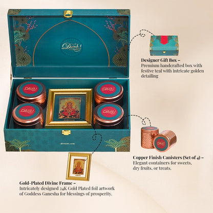 Diwali Gift Hamper | Four Premium Containers Type Jar with Ganesha 24K Gold Plated Foil Photo Frame in Designer Box