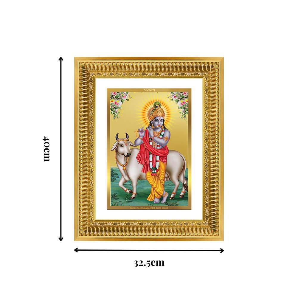 Diviniti 24K Gold Plated Krishna With Surbhi Cow (Classic) Divine Wall Frame for Home Mandir & Office Decor | Luxury Spiritual Gift