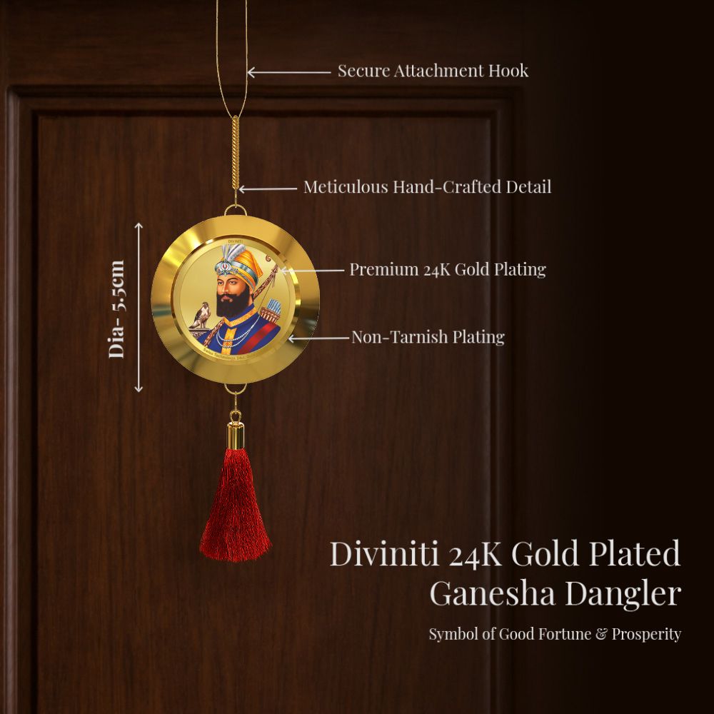 Diviniti 24K Gold Plated Double-Sided Guru Gobind Singh Ji & Golden Temple Car Dangler (5.5 cm) | Divine Hanging Car Decor for Protection, Positive Energy & Spiritual Blessings