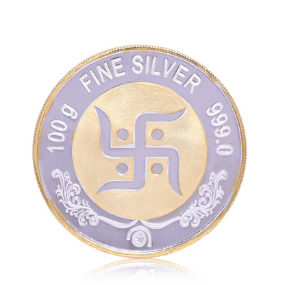 DIVINITI Pure Silver Coin with 24K Gold Plated Laxmi Ganesh and Swastik An Exquisite Emblem of Prosperity for Home & Office Décor, Puja Room Diwali Gift (100g)