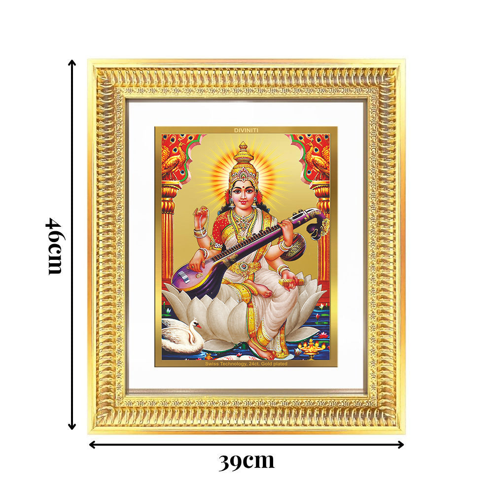 Diviniti 24K Gold Plated Saraswati Mata (Classic) Divine Wall Frame for Home Mandir & Office Decor | Luxury Spiritual Gift