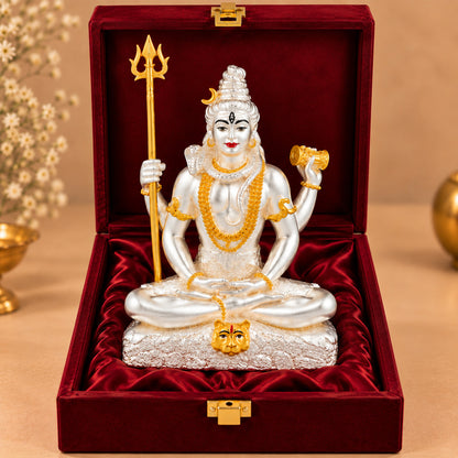 999 Silver-Plated Dual-Tone Lord Shiva Idol | Premium Gift Box | 16x12 CM
