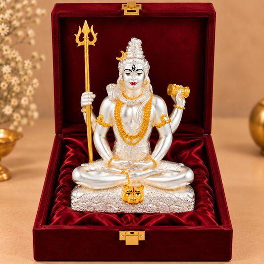 999 Silver-Plated Dual-Tone Lord Shiva Idol | Premium Gift Box | 16x12 CM