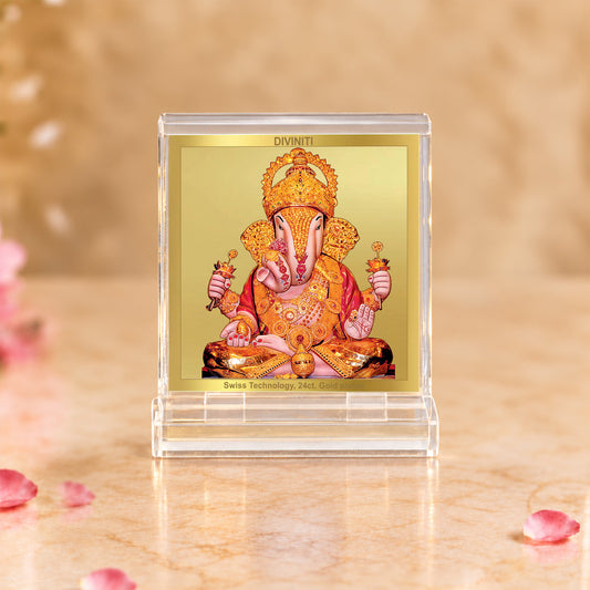 24K Gold-Plated Dagadu Ganesha Acrylic Car Dashboard Frame | 6x5 CM