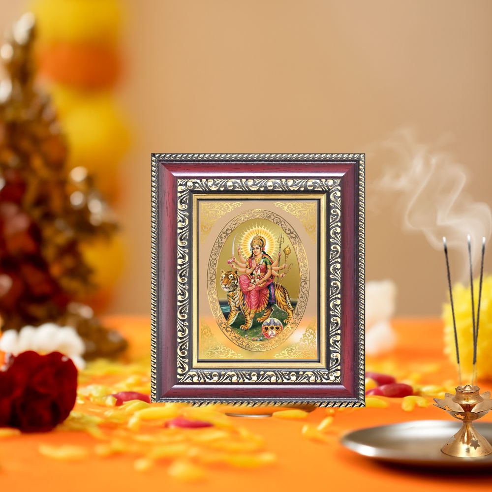 Diviniti 24K Gold Plated Durga - Sherawali Mata With Pind |Divine Table Top Royal Photo Frame for Home Mandir & Office Decor | Luxury Spiritual Gift