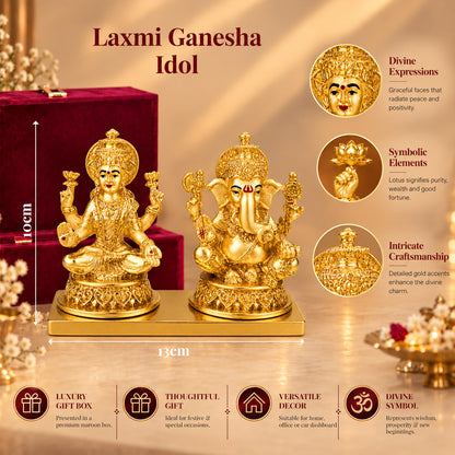 24K Gold-Plated Laxmi Ganesha Idol | Premium Gift Box | 10x13 CM