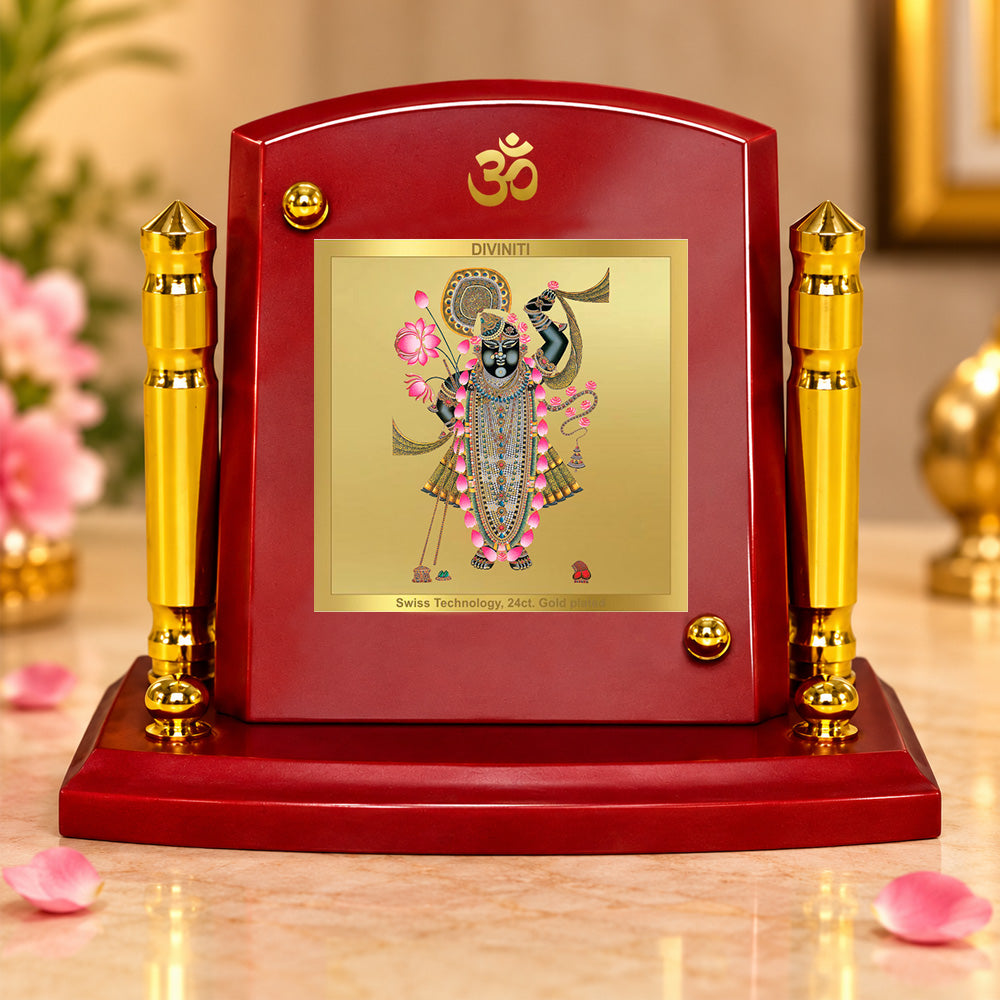 24K Gold-Plated Lord Shrinath Ji MDF Car Dashboard Frame | 7.5x9 CM