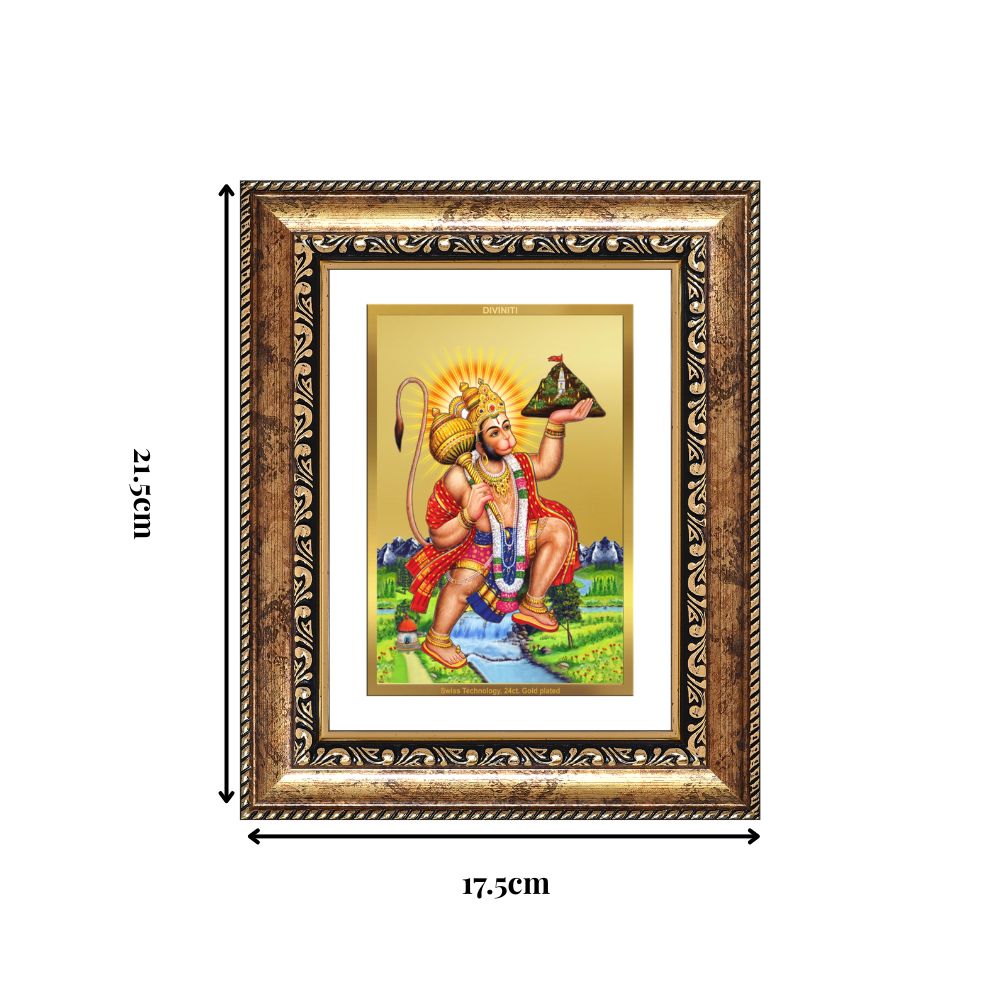 Diviniti 24K Gold Plated Hanuman With Mountain (Classic) Divine Wall and Table Top Frame for Home Mandir & Office Decor | Luxury Spiritual Gift