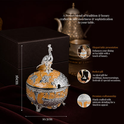 Diviniti German Silver Peacock Sugar Bowl with Spoon & Luxury Gift Box elegantly displayed with intricate design and craftsmanship.
