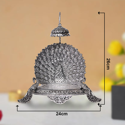 Pure Silver Singhasan Mandir Vintage Peocock Design Divine Pooja Stand Handcrafted Temple Art (24x8x26 cm,578g)