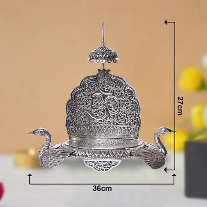 Pure Silver Singhasan Mandir Vintage Om & Swan Design Divine Pooja Stand Handcrafted Temple Art (36x10x27 cm,656g)