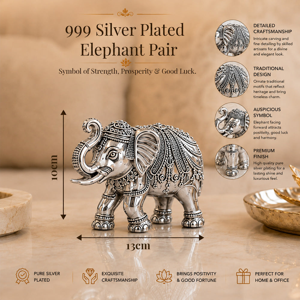 999 Silver-Plated Antique Elephant Pair | Premium Gift Box | 10x13 CM