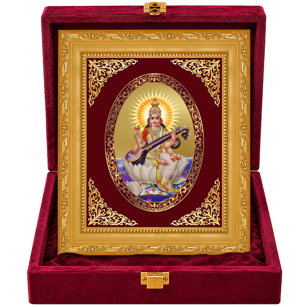 24K Gold-Plated Saraswati Mata Frame | Premium Gift Box | 21.5x17.5 CM