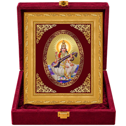 24K Gold-Plated Saraswati Mata Frame | Premium Gift Box | 21.5x17.5 CM
