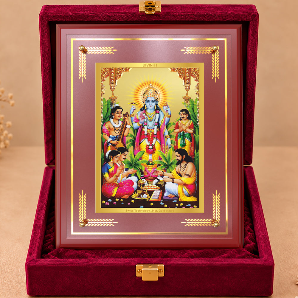24K Gold-Plated Lord Satya Narayan MDF Frame | Premium Gift Box | 27x35 CM