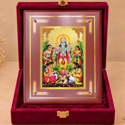 24K Gold-Plated Lord Satya Narayan MDF Frame | Premium Gift Box | 27x35 CM