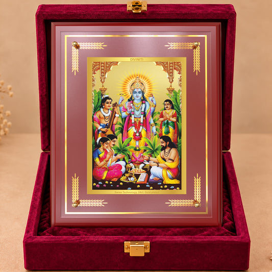 24K Gold-Plated Lord Satya Narayan MDF Frame | Premium Gift Box | 27x35 CM