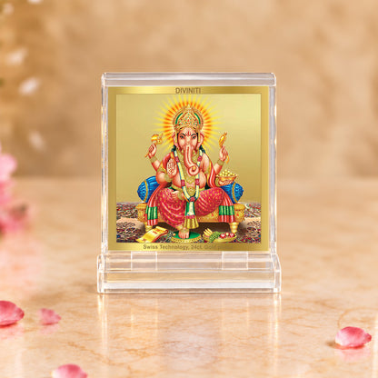 24K Gold-Plated Lord Ganesha Acrylic Car Dashboard Frame | 6x5 CM