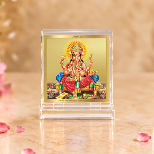 24K Gold-Plated Lord Ganesha Acrylic Car Dashboard Frame | 6x5 CM