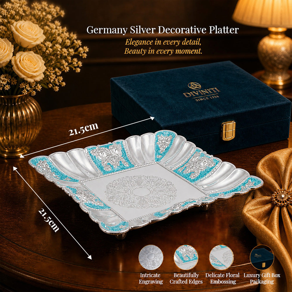 Diviniti Turquoise German Silver Decorative Platter elegantly designed with floral details, presented in a luxury gift box.