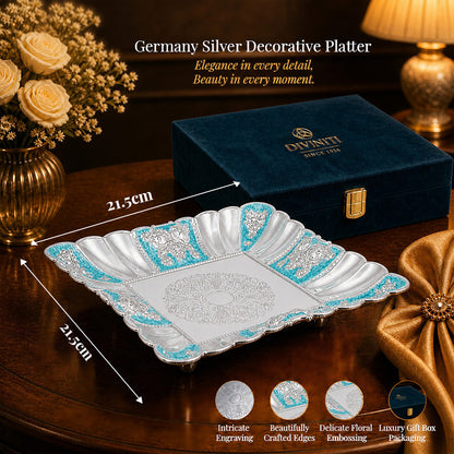 Diviniti Turquoise German Silver Decorative Platter elegantly designed with floral details, presented in a luxury gift box.