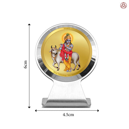 Krishna with Surbhi Cow | Divine Lord Krishna & Surbhi Cow Car Dashboard & Tabletop Photo Frame in 24K Gold Plated Foil