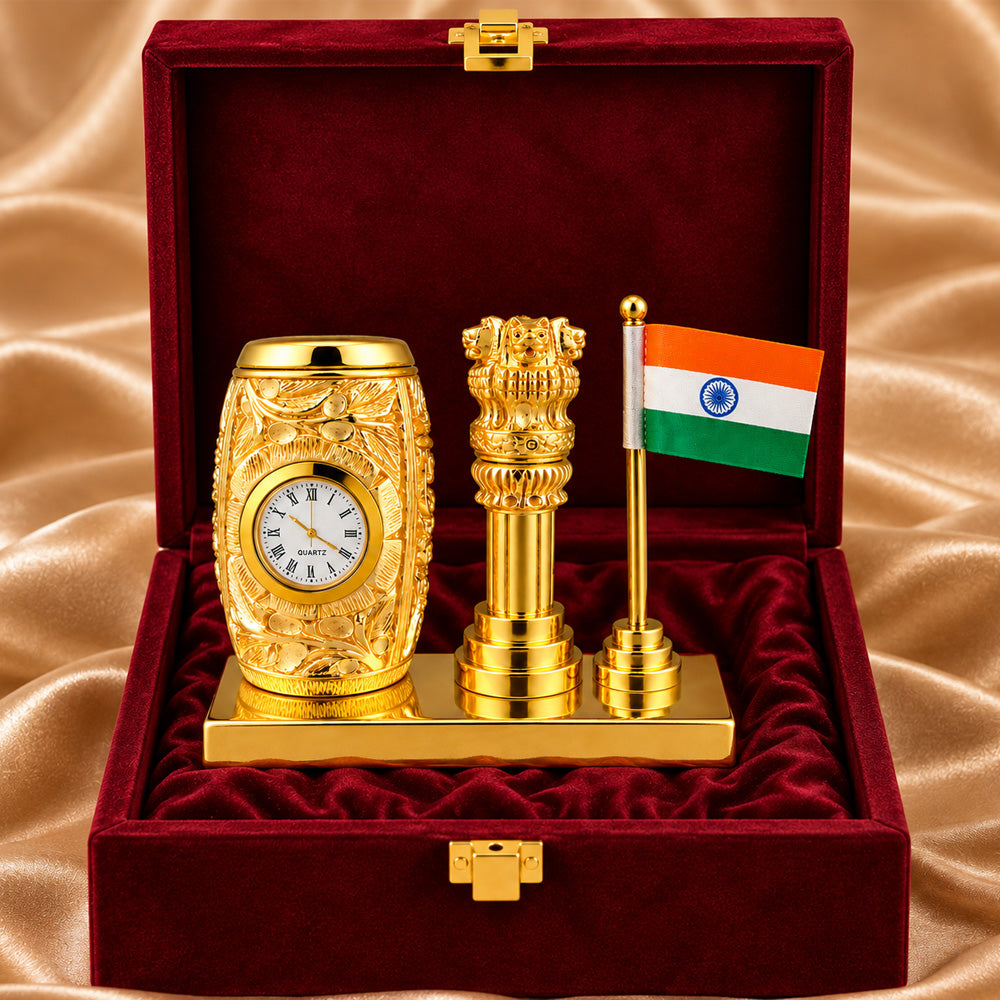 24K Gold-Plated Ashoka Stambh Pen Stand | Premium Gift Box | 12x15 CM